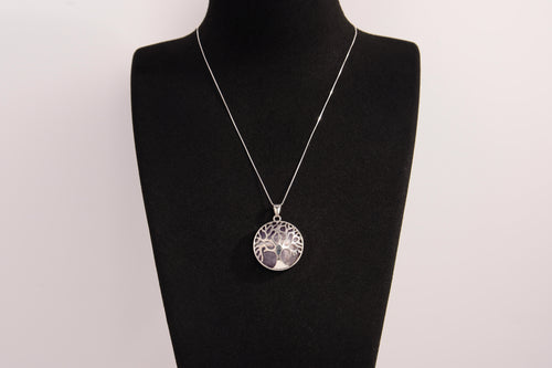 Raw Earth Crystals amethyst pendant featuring a tree of life design, crafted with natural crystal for spiritual awareness, calmness, and protection.