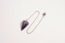 Raw Earth Crystals amethyst pendulum with pointed crystal and silver chain, crafted for intuition, spiritual growth, and inner peace.