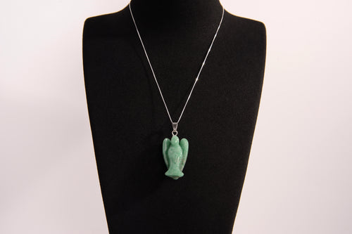 Raw Earth Crystals angel pendant crafted from carved green aventurine, featuring a soothing green hue to promote harmony, emotional balance, and gentle energy.