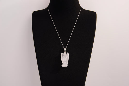 Raw Earth Crystals angel pendant crafted from clear quartz, featuring a delicate sculpted design to promote clarity, spiritual connection, and energetic purification.