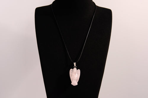 Raw Earth Crystals angel pendant crafted from rose quartz, featuring a delicate sculpted design to promote love, compassion, and emotional healing.