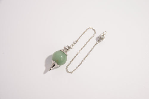 Raw Earth Crystals aventurine pendulum with silver chain, crafted from natural crystal, promotes intuition, clarity, and spiritual connection.