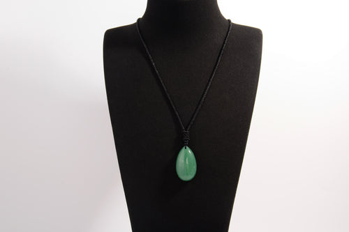 Raw Earth Crystals aventurine teardrop pendant on black cord, made from natural aventurine stone, promoting luck, prosperity, and emotional balance.