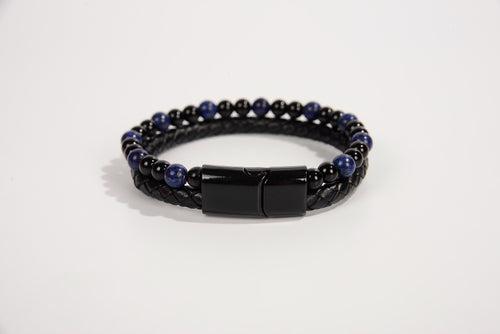 Raw Earth Crystals lapis lazuli and onyx bracelet with braided leather design, crafted from natural crystals, promotes wisdom, protection, and inner peace.