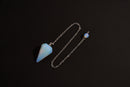 Raw Earth Crystals opal cone pendulum on silver chain, crafted from natural opal stone, enhancing intuition, spiritual insight, and energy balancing.