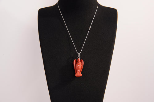 Raw Earth Crystals red jasper angel pendant necklace, made from natural red jasper to enhance grounding, stability, and inner strength.