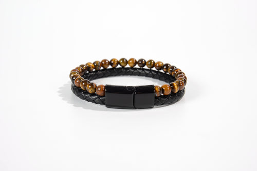 Raw Earth Crystals tiger eye and onyx bracelet with braided leather design, made from natural crystals, promotes confidence, protection, and grounding energy.